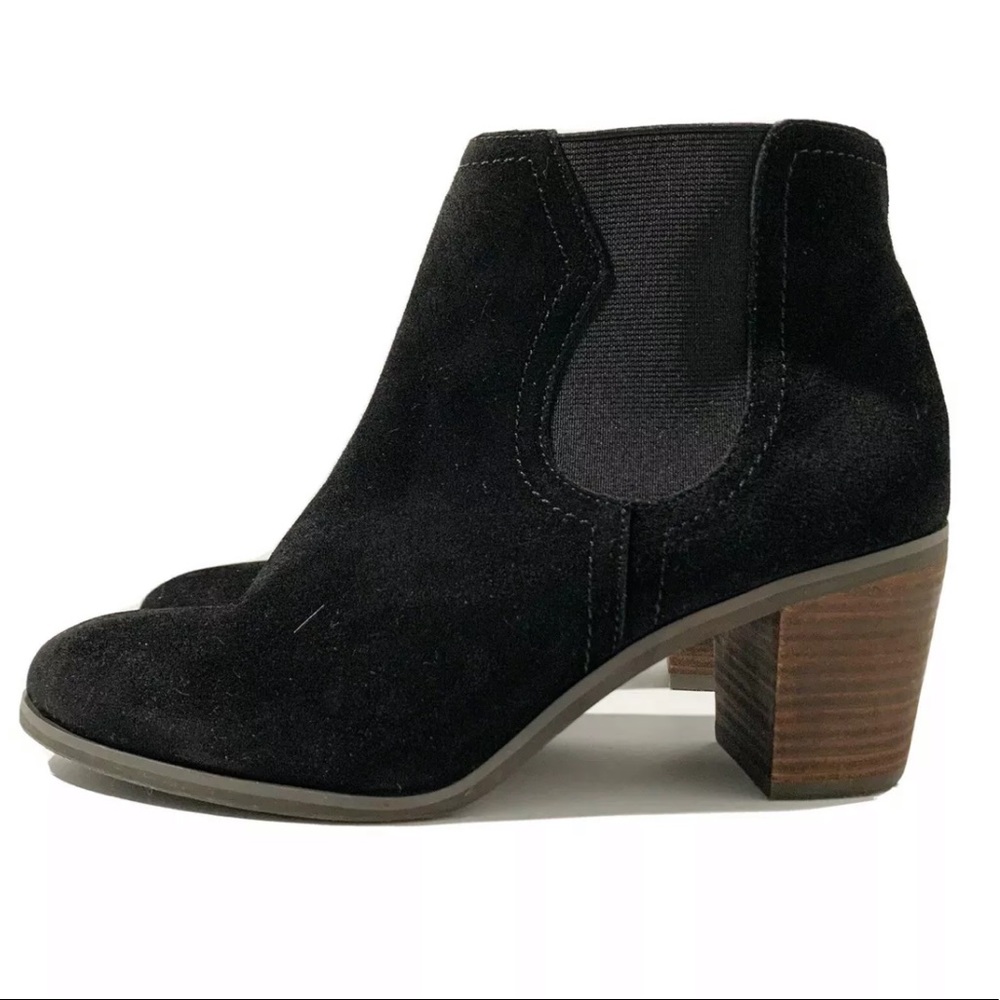 LUCKY BRAND Black Suede Parsia Almond Toe Wood Stacked Heel Ankle Boots Sz 7.5 M